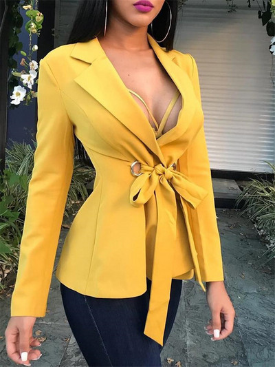Стилно дамско сако в жълт цвят с връзки