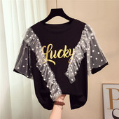 Modern női póló felirattal és tüll fekete színben