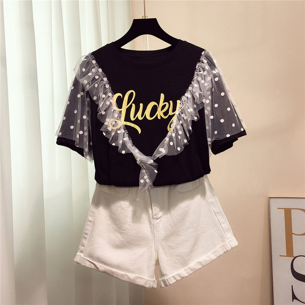 Modern női póló felirattal és tüll fekete színben