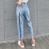 Blugi de dama moderni cu motive rupte si talie inalta