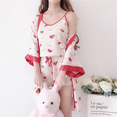 Κομψή γυναικεία πιτζάμα σε τρία μέρη - μπουρνούζι, φανέλα και σορτς σε δύο χρώματα