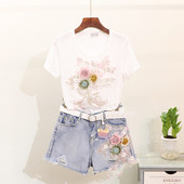 Modern női póló és rövid farmer szett 3D-s virágokkal