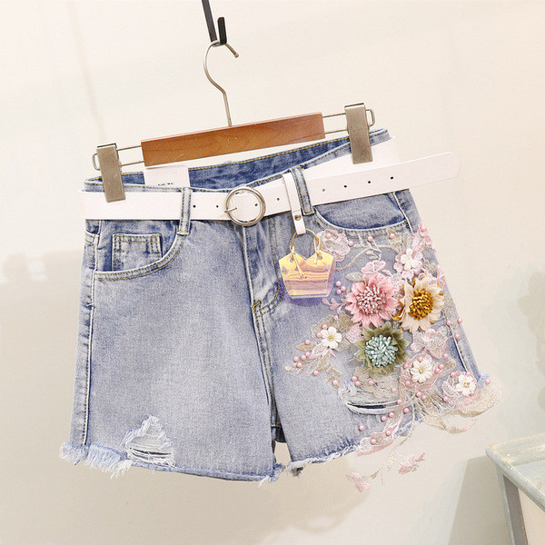 Modern női póló és rövid farmer szett 3D-s virágokkal