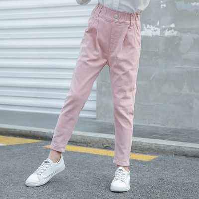 Модерен детски панталон за момичета в бял и розов цвят