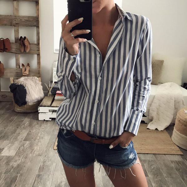 Modern női csíkos ing gombokkal