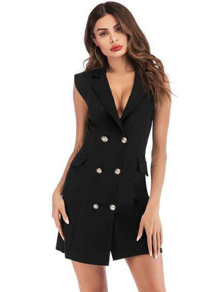 Elegáns női ruha fekete színben, gombokkal