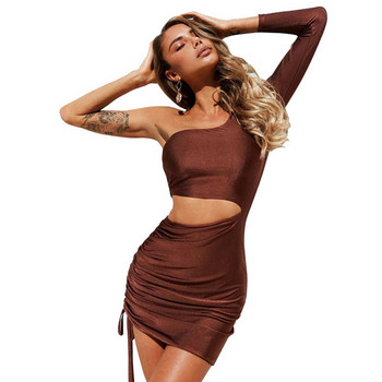 Γυναικείο κομψό φόρεμα με κοψίματα και κορδόνια  σε μαύρο και καφέ χρώμα