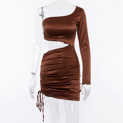 Γυναικείο κομψό φόρεμα με κοψίματα και κορδόνια  σε μαύρο και καφέ χρώμα