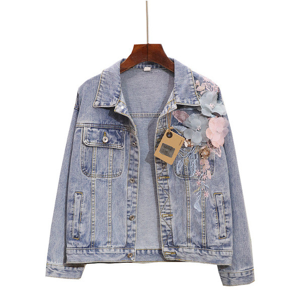 Μοντέρνο γυναικείο τζιν μπουφάν με τρισδιάστατα λουλούδια