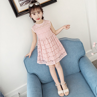 Детска модерна рокля с дантела в розов и бял цвят