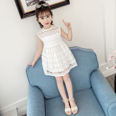 Детска модерна рокля с дантела в розов и бял цвят