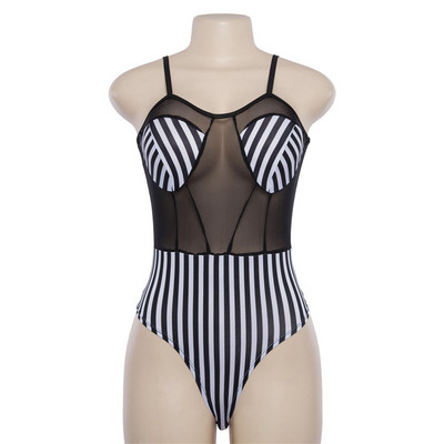 Csíkos női fürdőruha átlátszó részekkel, fekete-fehér színben
