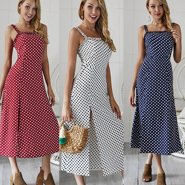 Alkalmi női ruha vékony pántokkal, fehér, piros és kék színben