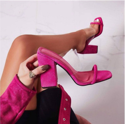 Стилни дамски чехли с висок ток в розов и зелен цвят