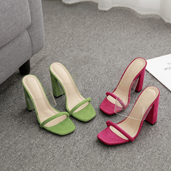 Stílusos női magas sarkú papucs rózsaszín és zöld színben