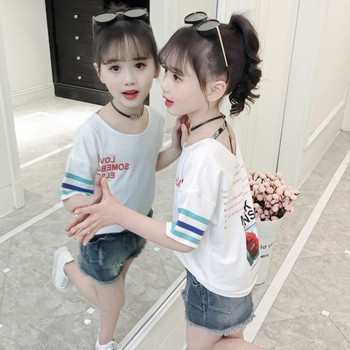 Детска модерна тениска за момичета в бял и червен цвят