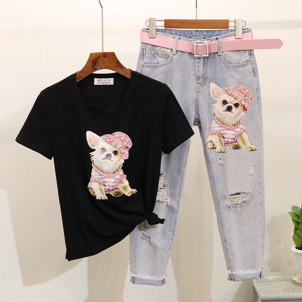 Alkalmi női póló és farmer szett rátéttel - kutya