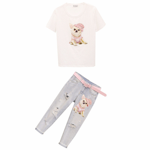 Alkalmi női póló és farmer szett rátéttel - kutya