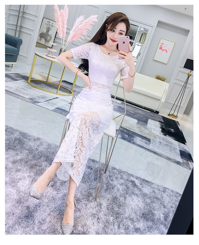 Hosszú csipke női ruha rövid ujjal hét színben