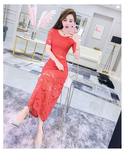 Hosszú csipke női ruha rövid ujjal hét színben