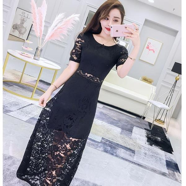 Hosszú csipke női ruha rövid ujjal hét színben