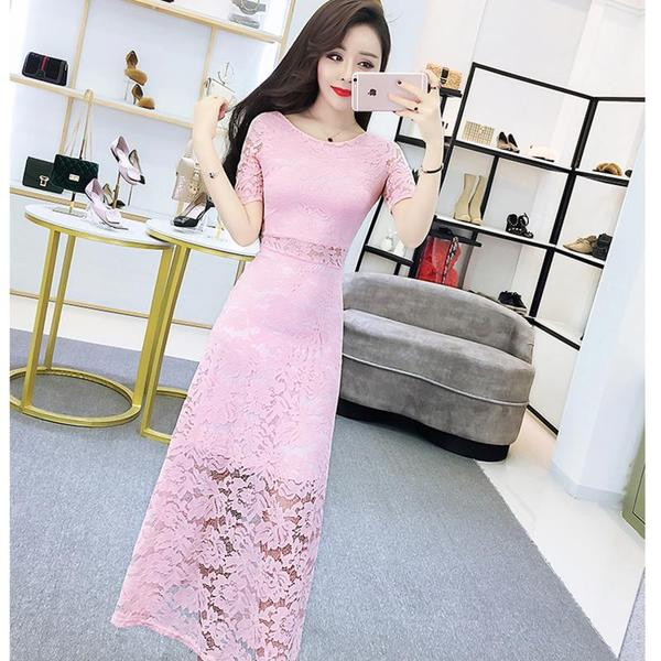 Hosszú csipke női ruha rövid ujjal hét színben