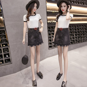 Μοντέρνα  γυναικεία φούστα denim σε γκρι με σκισμένα μοτίβα