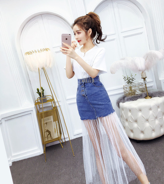 Modern női póló és szoknya szett tüllből, két színben