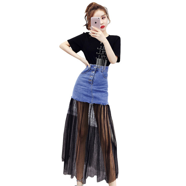 Modern női póló és szoknya szett tüllből, két színben