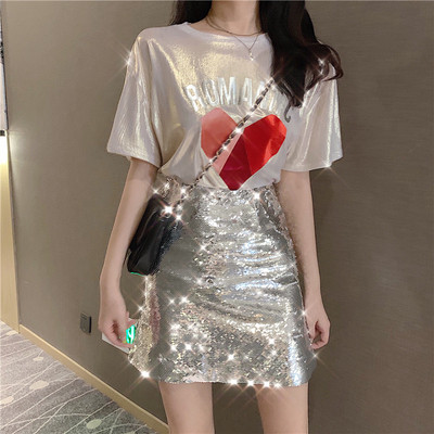 Modern női flitteres szoknya magas derékkal, ezüst színben