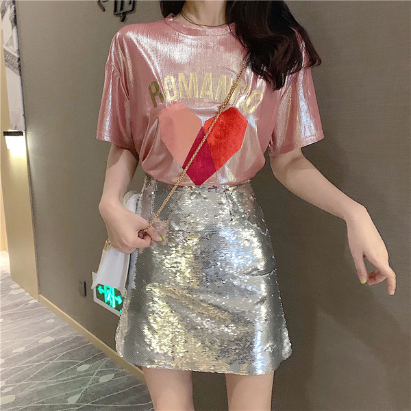 Modern női flitteres szoknya magas derékkal, ezüst színben