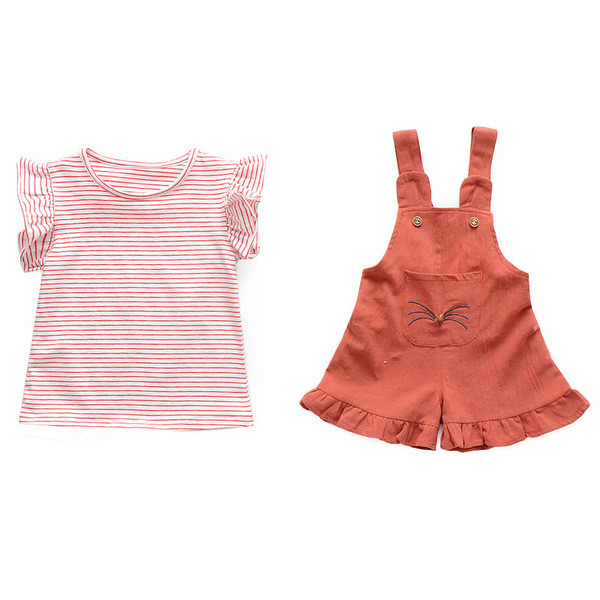 Modern, kétrészes overallból és blúzból álló gyerekszett lányoknak