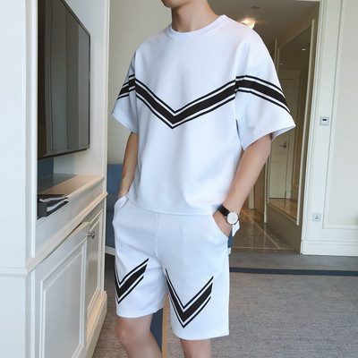 Kétrészes póló + rövidnadrág alkalmi férfi szett fehér és fekete színben