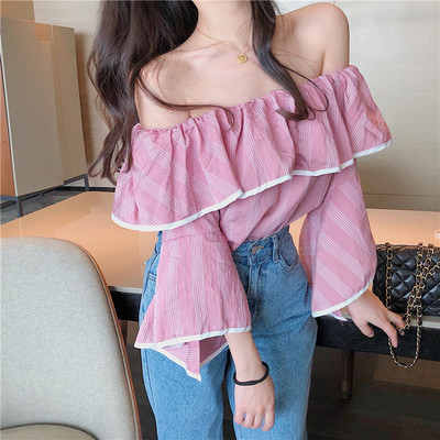 Modern női ing csupasz vállú fehér és rózsaszín színben