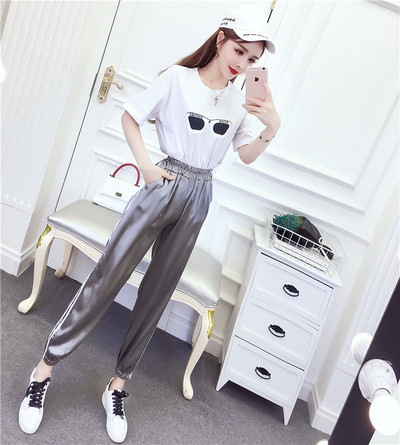 Modern női póló és nadrág szett rózsaszín és szürke színben