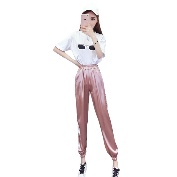 Modern női póló és nadrág szett rózsaszín és szürke színben