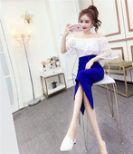 Set elegant de bluză de dantelă de damă cu umerii goi și o fustă cu talie înaltă în șase culori