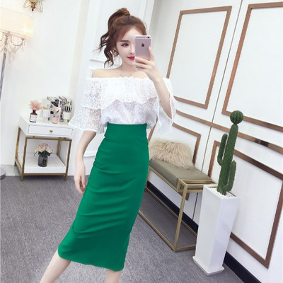 Set elegant de bluză de dantelă de damă cu umerii goi și o fustă cu talie înaltă în șase culori