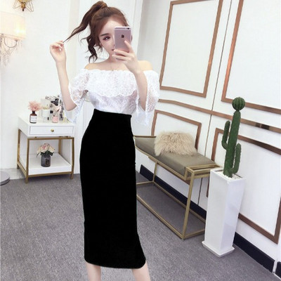 Set elegant de bluză de dantelă de damă cu umerii goi și o fustă cu talie înaltă în șase culori