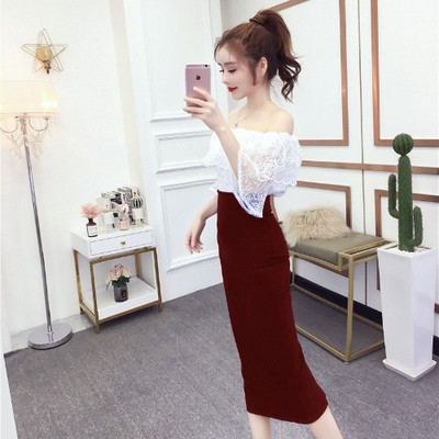 Set elegant de bluză de dantelă de damă cu umerii goi și o fustă cu talie înaltă în șase culori