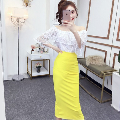 Set elegant de bluză de dantelă de damă cu umerii goi și o fustă cu talie înaltă în șase culori