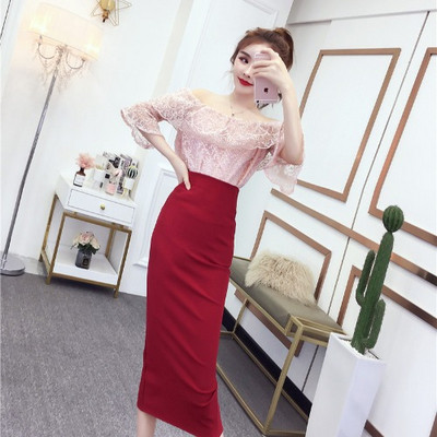 Set elegant de bluză de dantelă de damă cu umerii goi și o fustă cu talie înaltă în șase culori