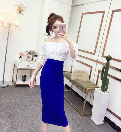 Set elegant de bluză de dantelă de damă cu umerii goi și o fustă cu talie înaltă în șase culori