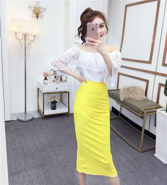 Set elegant de bluză de dantelă de damă cu umerii goi și o fustă cu talie înaltă în șase culori