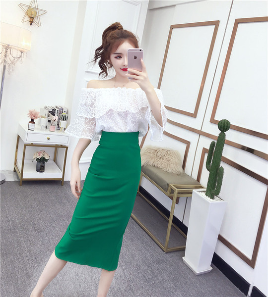 Set elegant de bluză de dantelă de damă cu umerii goi și o fustă cu talie înaltă în șase culori