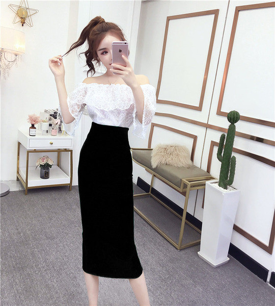 Set elegant de bluză de dantelă de damă cu umerii goi și o fustă cu talie înaltă în șase culori