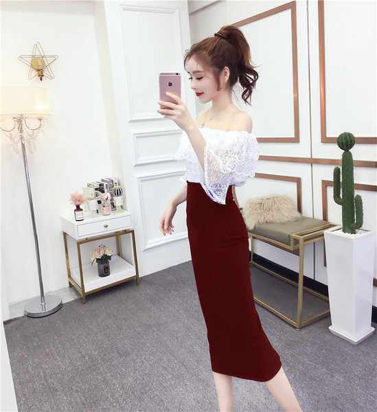 Set elegant de bluză de dantelă de damă cu umerii goi și o fustă cu talie înaltă în șase culori