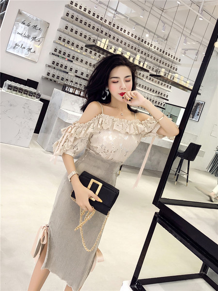 Stílusos női csipkeblúz szett vágott váll és szoknya magas derékkal