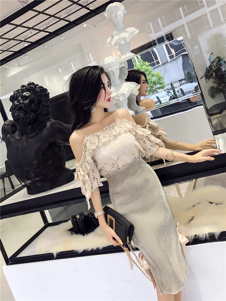 Stílusos női csipkeblúz szett vágott váll és szoknya magas derékkal