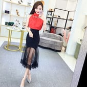 Stílusos női ing és szoknya szett magas derékkal dörzsölte a színeket